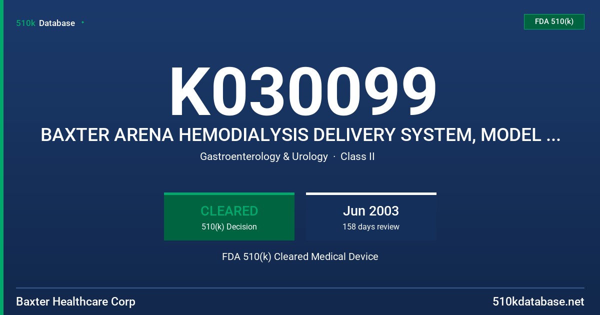 K030099 BAXTER ARENA HEMODIALYSIS DELIVERY SYSTEM, MODEL 1571278000 FDA 510(k) Cleared Medical Device