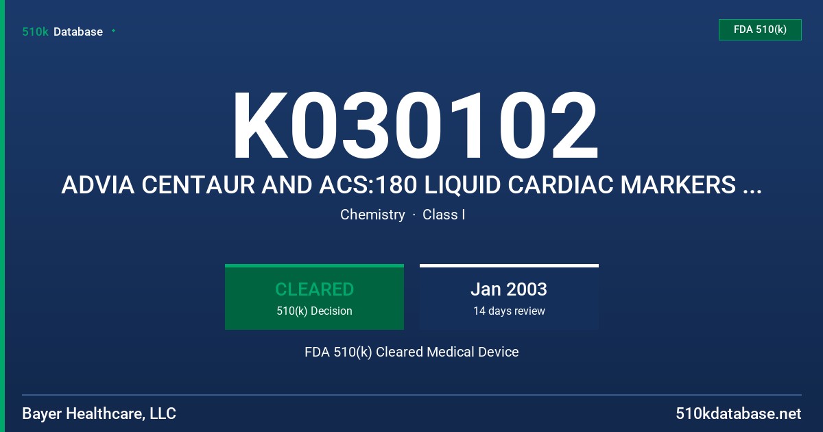 K030102 ADVIA CENTAUR AND ACS:180 LIQUID CARDIAC MARKERS 1, 2, 3 FDA 510(k) Cleared Medical Device