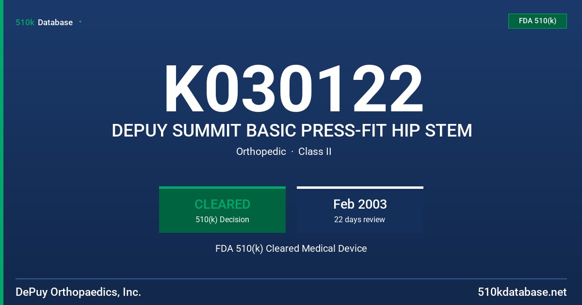 K030122 DEPUY SUMMIT BASIC PRESS-FIT HIP STEM FDA 510(k) Cleared Medical Device