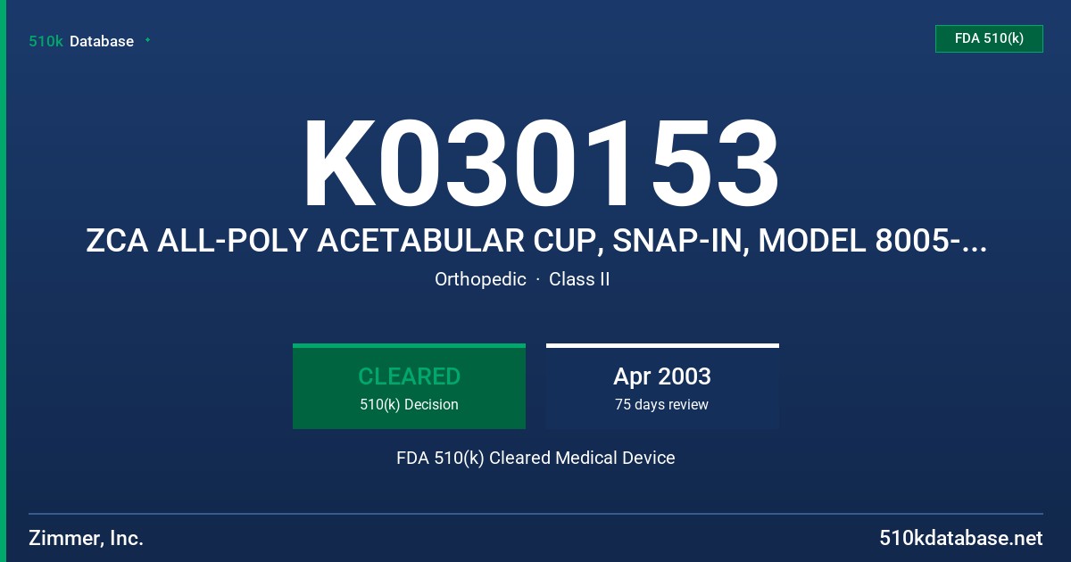 K030153 ZCA ALL-POLY ACETABULAR CUP, SNAP-IN, MODEL 8005-946/958-32 FDA 510(k) Cleared Medical Device