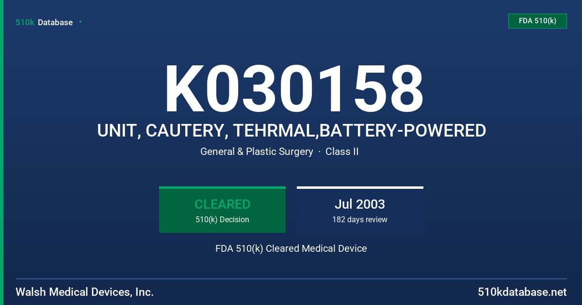 K030158 UNIT, CAUTERY, TEHRMAL,BATTERY-POWERED FDA 510(k) Cleared Medical Device