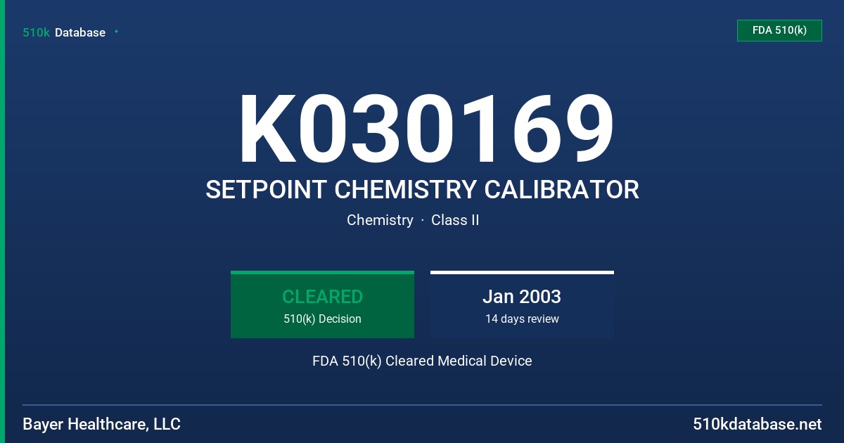 K030169 SETPOINT CHEMISTRY CALIBRATOR FDA 510(k) Cleared Medical Device