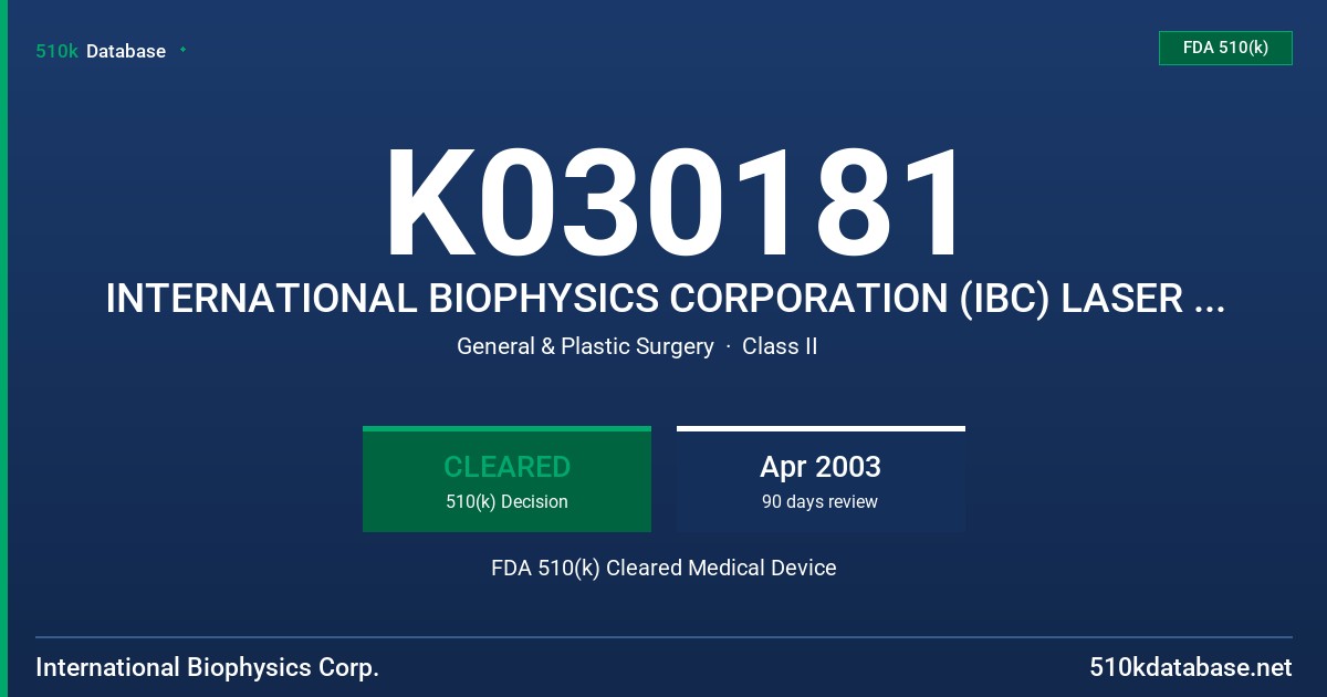 K030181 INTERNATIONAL BIOPHYSICS CORPORATION (IBC) LASER PEEL SYSTEM FDA 510(k) Cleared Medical Device