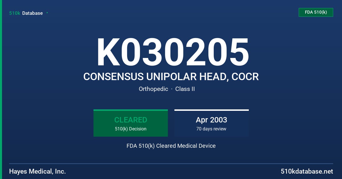 K030205 CONSENSUS UNIPOLAR HEAD, COCR FDA 510(k) Cleared Medical Device