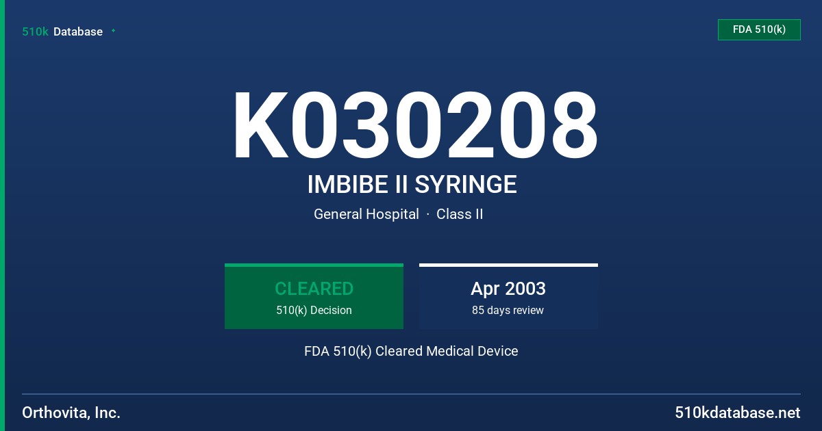 K030208 IMBIBE II SYRINGE FDA 510(k) Cleared Medical Device