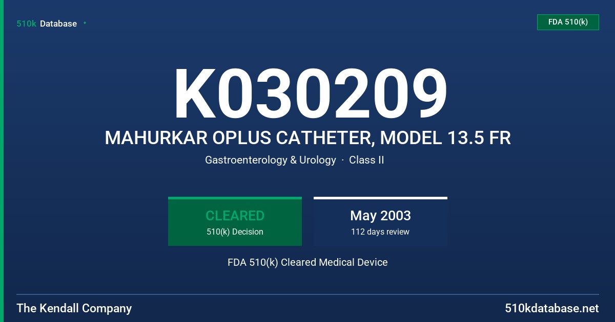 K030209 MAHURKAR OPLUS CATHETER, MODEL 13.5 FR FDA 510(k) Cleared Medical Device
