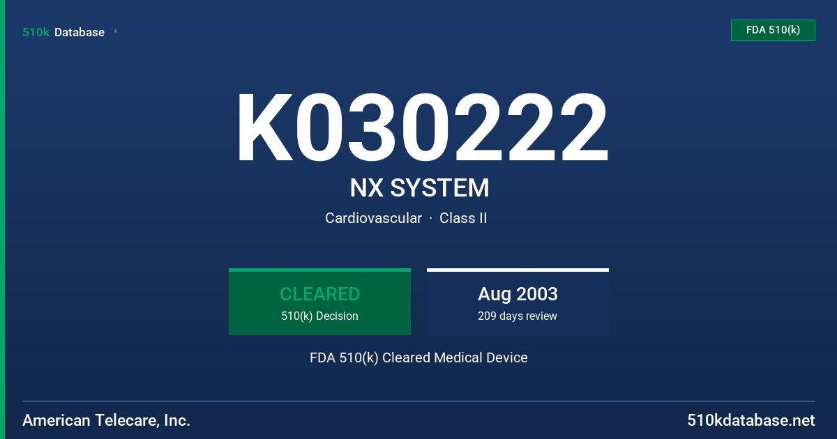 K030222 NX SYSTEM FDA 510(k) Cleared Medical Device