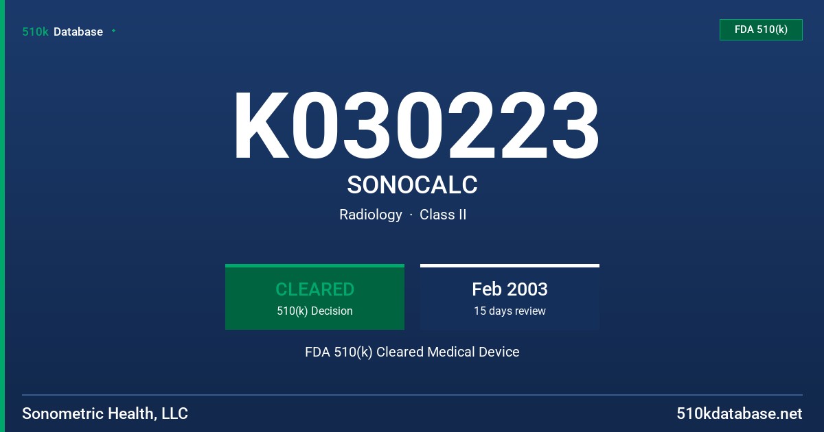 K030223 SONOCALC FDA 510(k) Cleared Medical Device