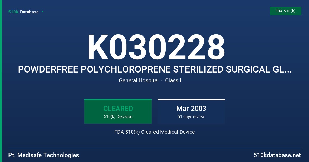 K030228 POWDERFREE POLYCHLOROPRENE STERILIZED SURGICAL GLOVES FDA 510(k) Cleared Medical Device