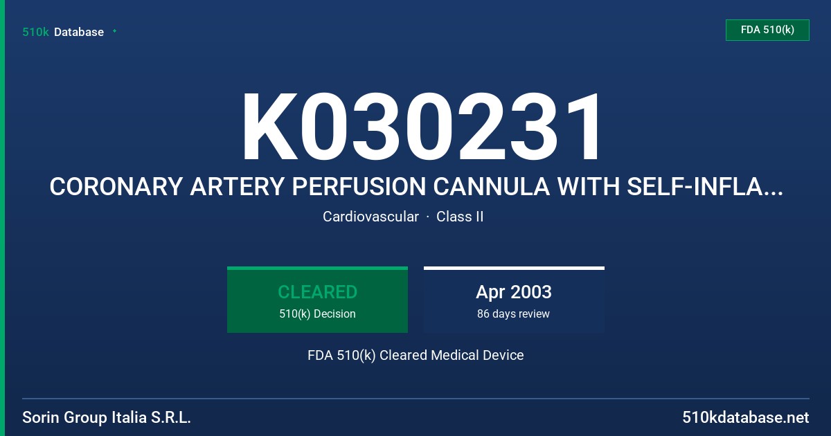 K030231 CORONARY ARTERY PERFUSION CANNULA WITH SELF-INFLATING BALLOON FDA 510(k) Cleared Medical Device