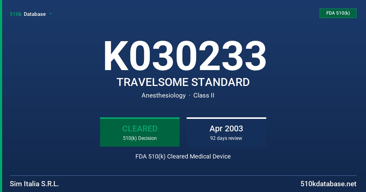 K030233 TRAVELSOME STANDARD FDA 510(k) Cleared Medical Device