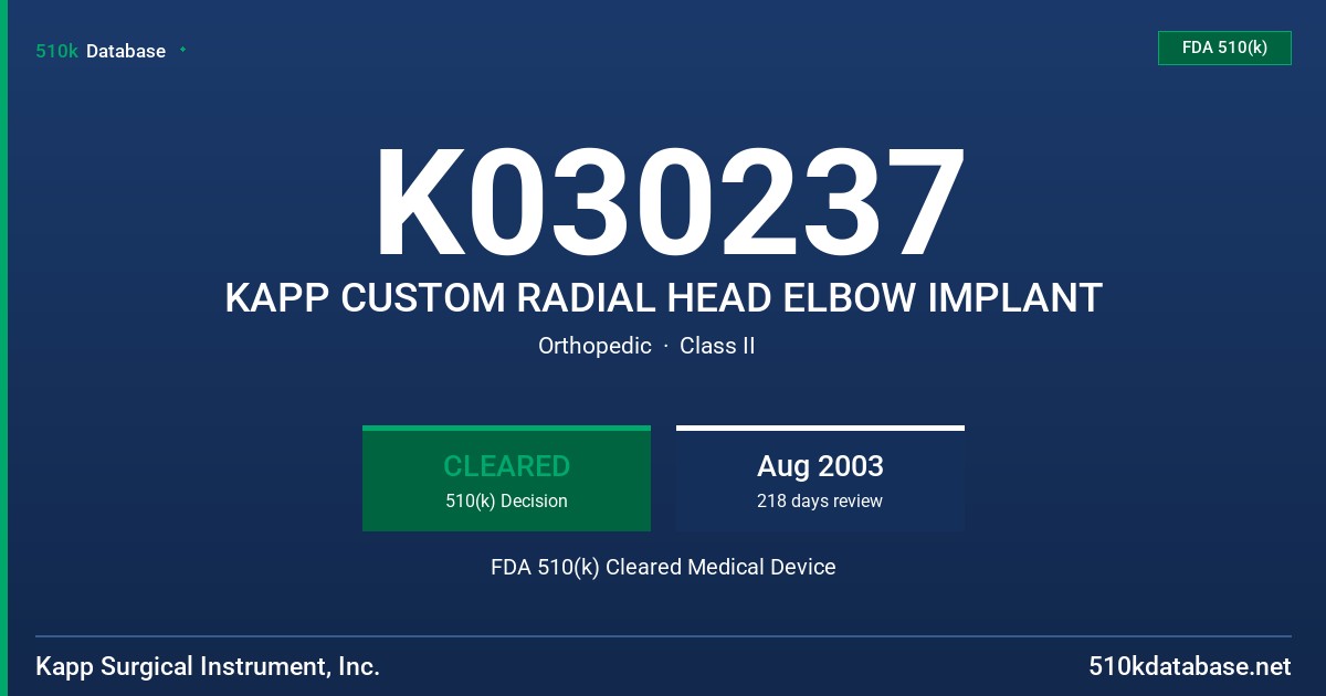 K030237 KAPP CUSTOM RADIAL HEAD ELBOW IMPLANT FDA 510(k) Cleared Medical Device