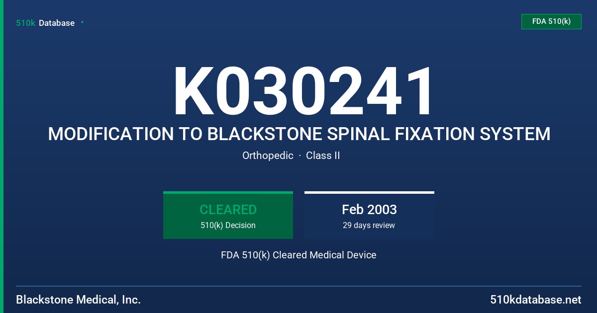 K030241 MODIFICATION TO BLACKSTONE SPINAL FIXATION SYSTEM FDA 510(k) Cleared Medical Device