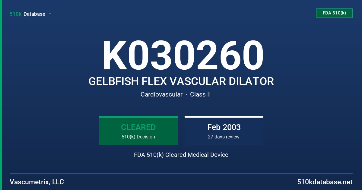 K030260 GELBFISH FLEX VASCULAR DILATOR FDA 510(k) Cleared Medical Device
