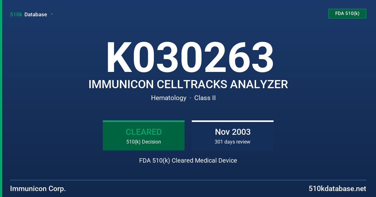 K030263 IMMUNICON CELLTRACKS ANALYZER FDA 510(k) Cleared Medical Device