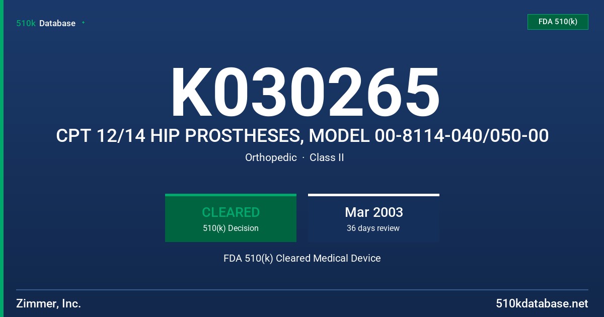 K030265 CPT 12/14 HIP PROSTHESES, MODEL 00-8114-040/050-00 FDA 510(k) Cleared Medical Device