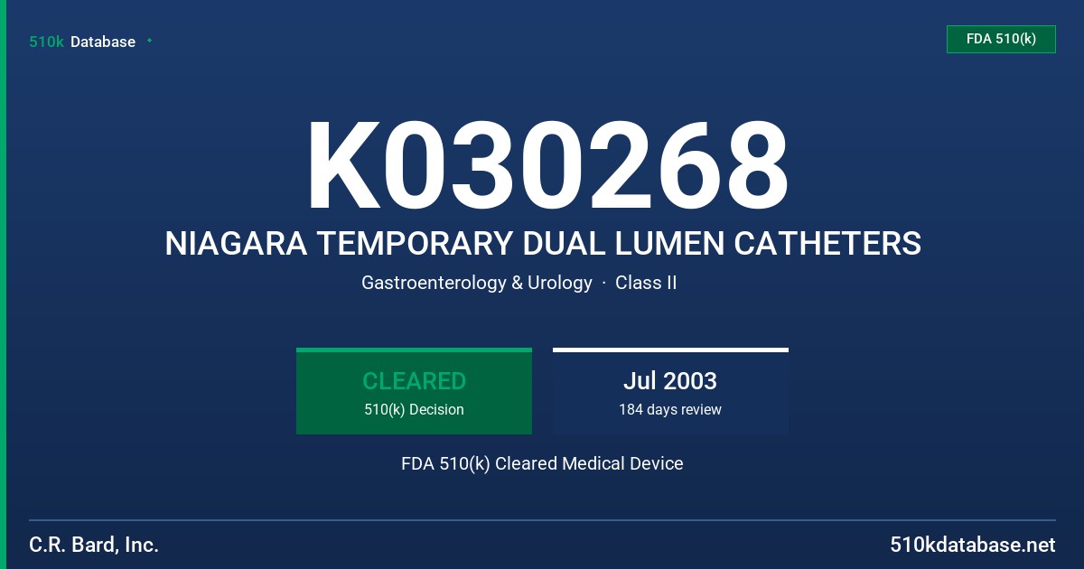 K030268 NIAGARA TEMPORARY DUAL LUMEN CATHETERS FDA 510(k) Cleared Medical Device
