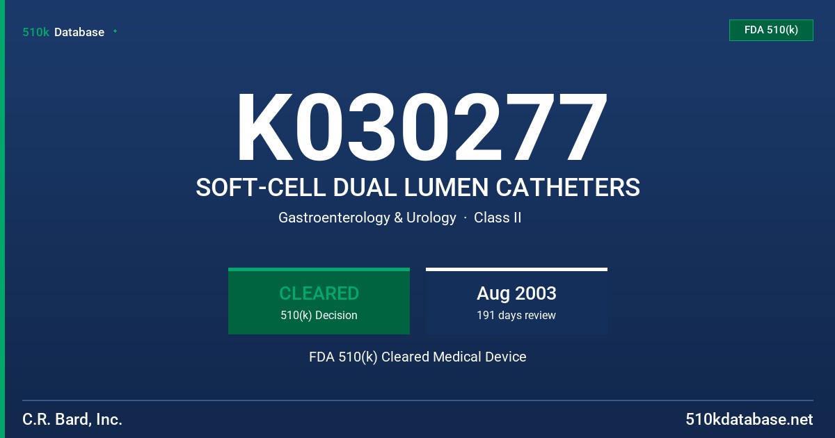 K030277 SOFT-CELL DUAL LUMEN CATHETERS FDA 510(k) Cleared Medical Device