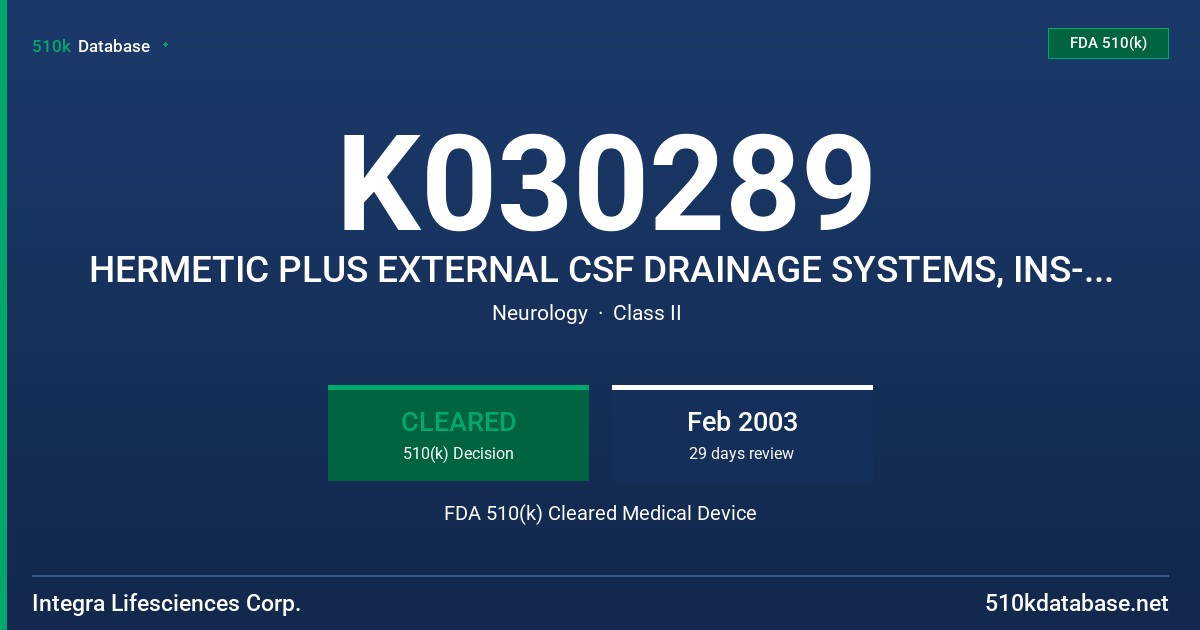 K030289 HERMETIC PLUS EXTERNAL CSF DRAINAGE SYSTEMS, INS-8301,INS-8302,INS-8700, NL850-830N FDA 510(k) Cleared Medical Device