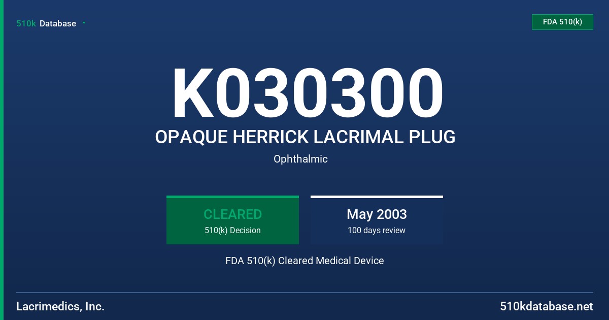 K030300 OPAQUE HERRICK LACRIMAL PLUG FDA 510(k) Cleared Medical Device