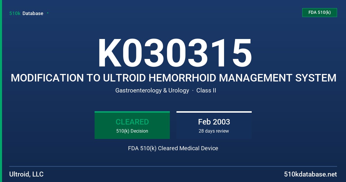 K030315 MODIFICATION TO ULTROID HEMORRHOID MANAGEMENT SYSTEM FDA 510(k) Cleared Medical Device