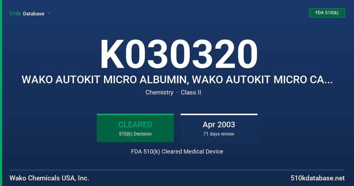 K030320 WAKO AUTOKIT MICRO ALBUMIN, WAKO AUTOKIT MICRO CALIBRATOR SET, MICRO ALBUMIN CONTROL SET FDA 510(k) Cleared Medical Device