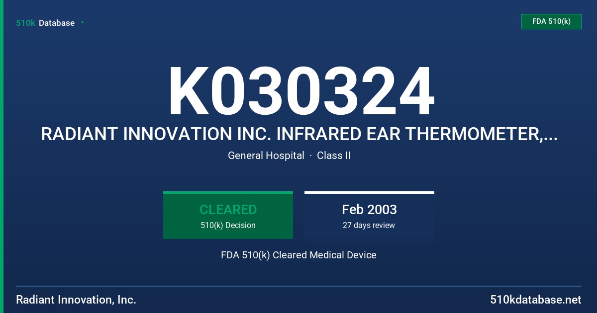 K030324 RADIANT INNOVATION INC. INFRARED EAR THERMOMETER, MODELS TH1 SERIES FDA 510(k) Cleared Medical Device