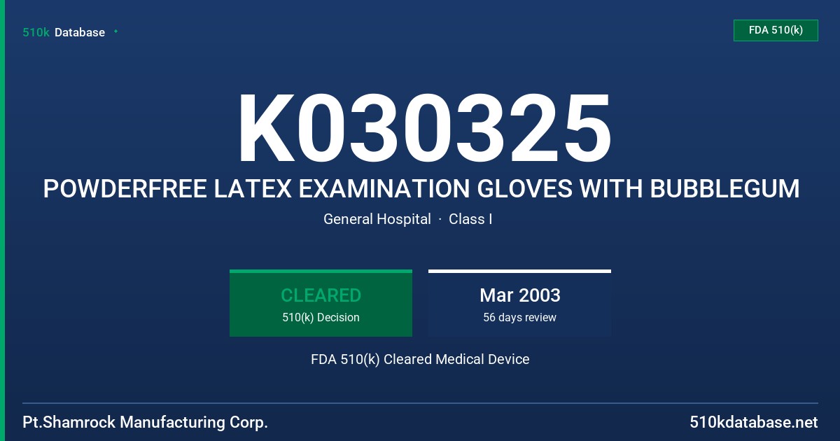 K030325 POWDERFREE LATEX EXAMINATION GLOVES WITH BUBBLEGUM FDA 510(k) Cleared Medical Device