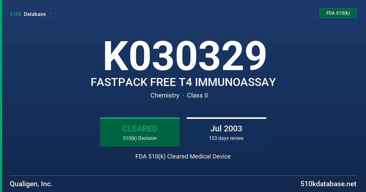 K030329 FASTPACK FREE T4 IMMUNOASSAY FDA 510(k) Cleared Medical Device