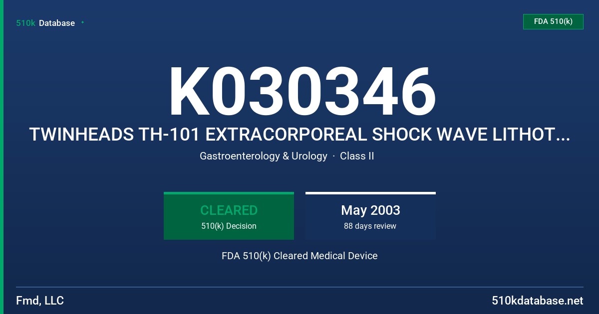 K030346 TWINHEADS TH-101 EXTRACORPOREAL SHOCK WAVE LITHOTRIPTER FDA 510(k) Cleared Medical Device