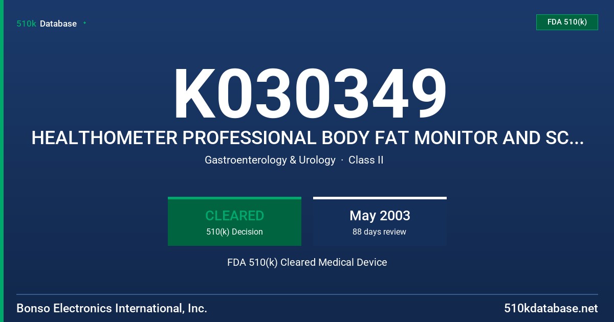K030349 HEALTHOMETER PROFESSIONAL BODY FAT MONITOR AND SCALE, MODELS BFM 940, BFM 945 & BFM 960 FDA 510(k) Cleared Medical Device