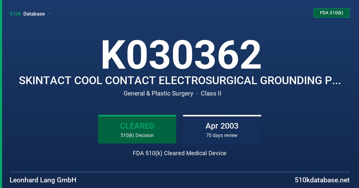 K030362 SKINTACT COOL CONTACT ELECTROSURGICAL GROUNDING PLATES FDA 510(k) Cleared Medical Device