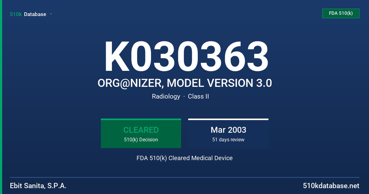 K030363 ORG@NIZER, MODEL VERSION 3.0 FDA 510(k) Cleared Medical Device