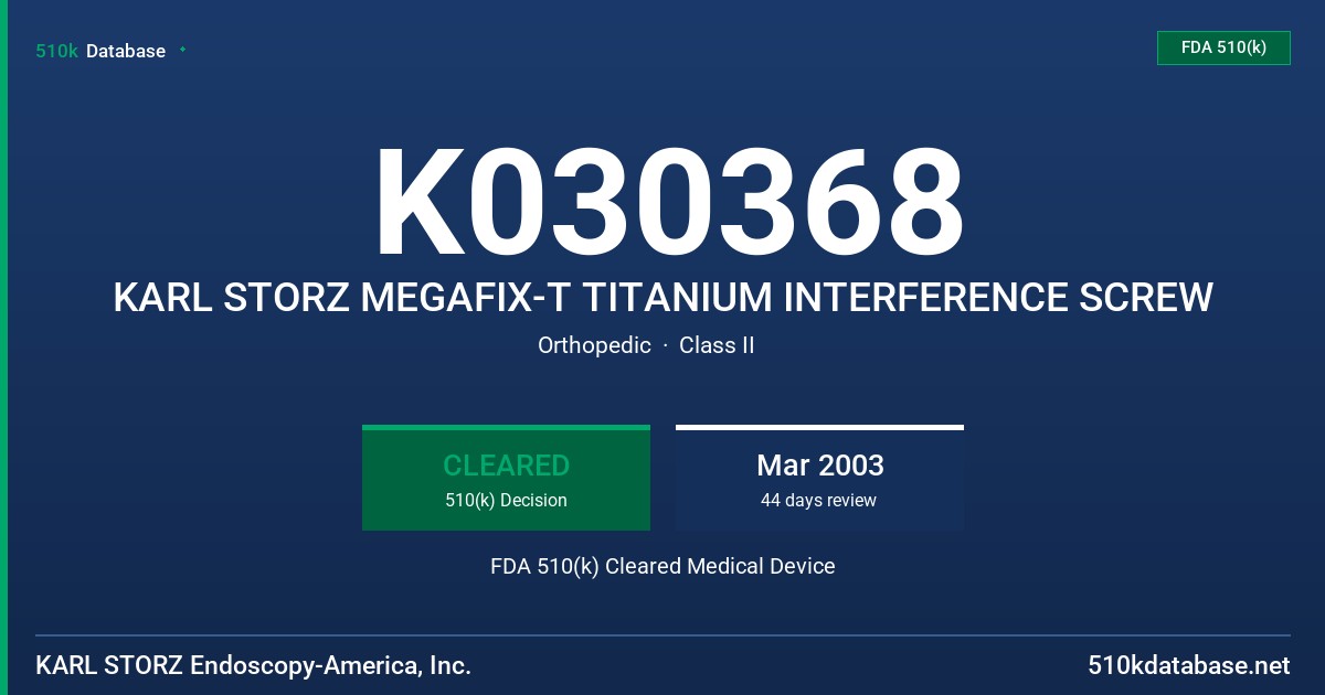 K030368 KARL STORZ MEGAFIX-T TITANIUM INTERFERENCE SCREW FDA 510(k) Cleared Medical Device