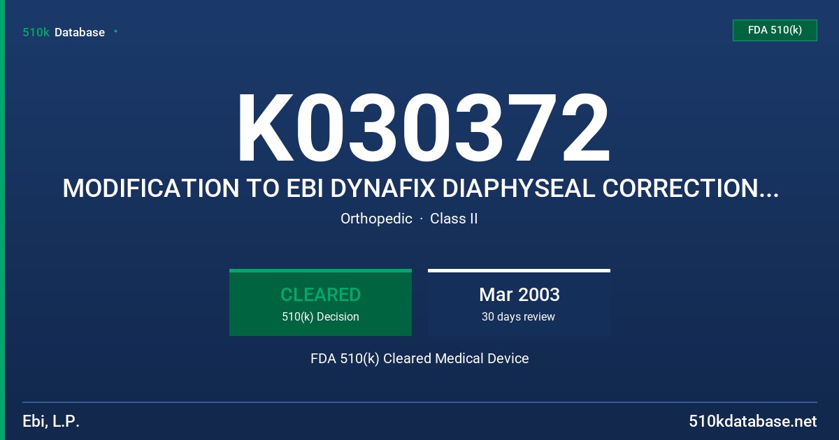 K030372 MODIFICATION TO EBI DYNAFIX DIAPHYSEAL CORRECTION SYSTEM FDA 510(k) Cleared Medical Device