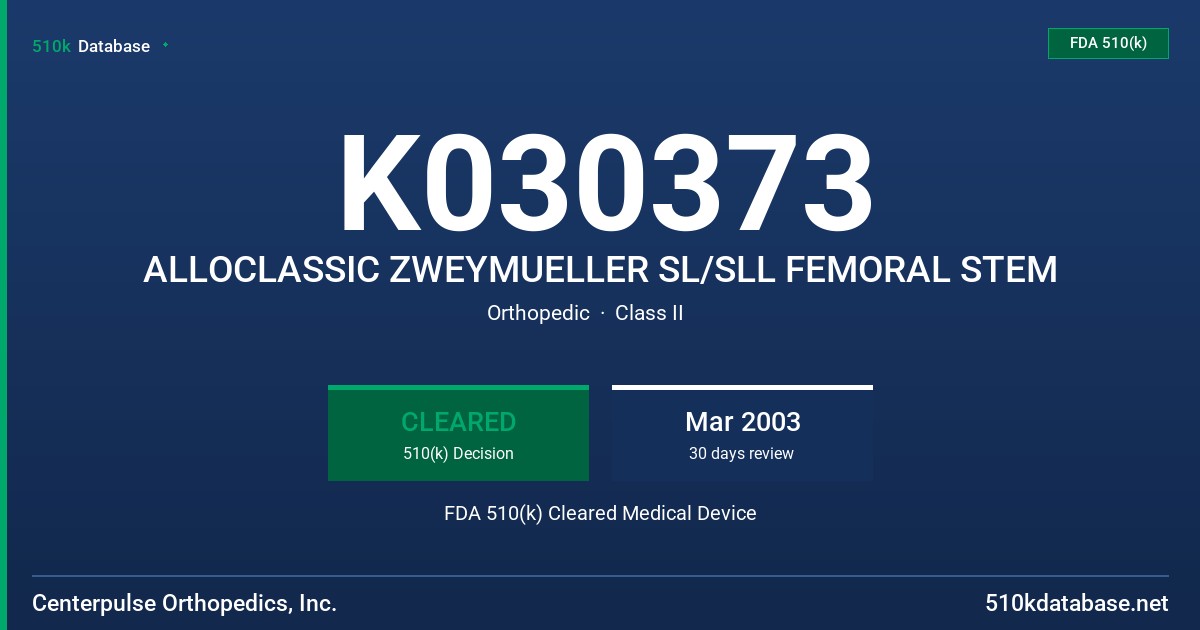 K030373 ALLOCLASSIC ZWEYMUELLER SL/SLL FEMORAL STEM FDA 510(k) Cleared Medical Device