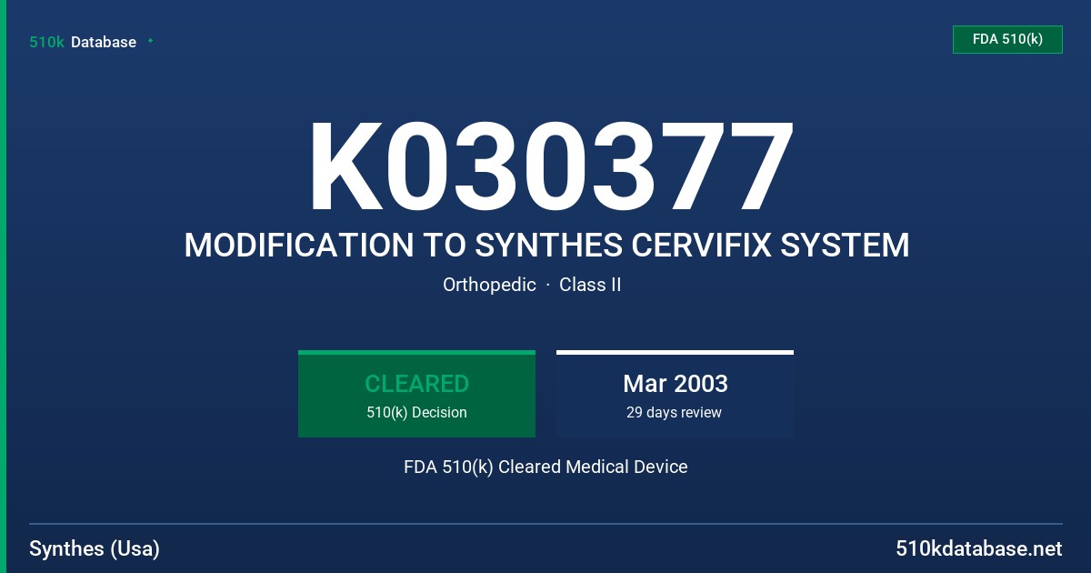 K030377 MODIFICATION TO SYNTHES CERVIFIX SYSTEM FDA 510(k) Cleared Medical Device
