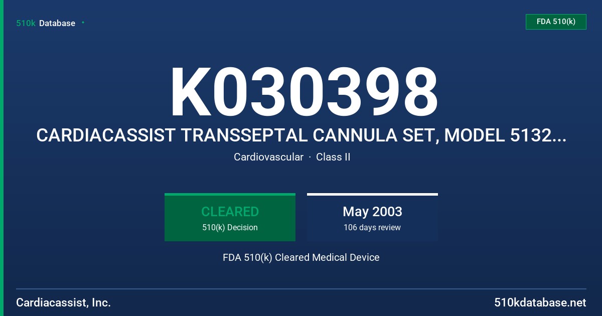 K030398 CARDIACASSIST TRANSSEPTAL CANNULA SET, MODEL 5132-6221 FDA 510(k) Cleared Medical Device
