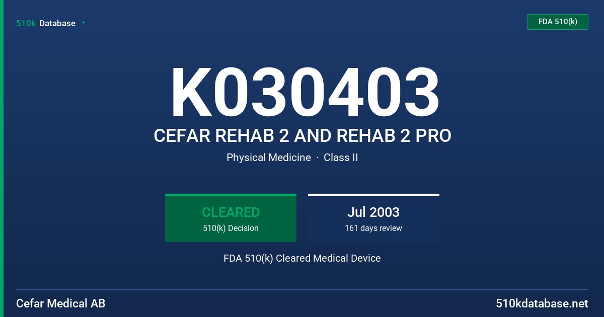 K030403 CEFAR REHAB 2 AND REHAB 2 PRO FDA 510(k) Cleared Medical Device