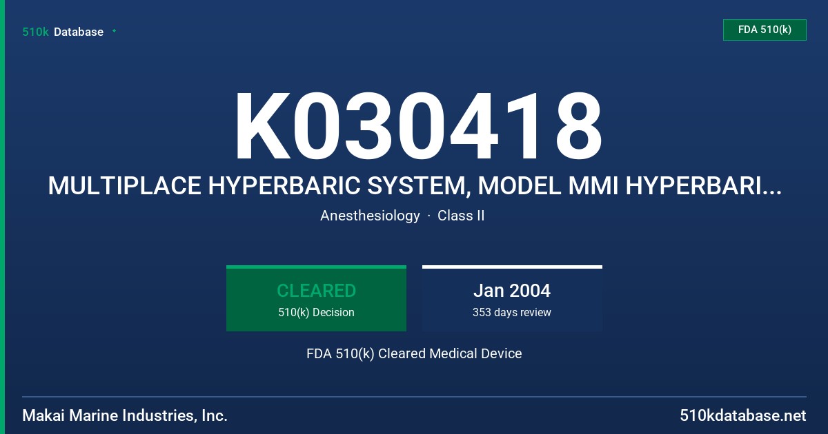 K030418 MULTIPLACE HYPERBARIC SYSTEM, MODEL MMI HYPERBARIC CHAMBER SYSTEM FDA 510(k) Cleared Medical Device