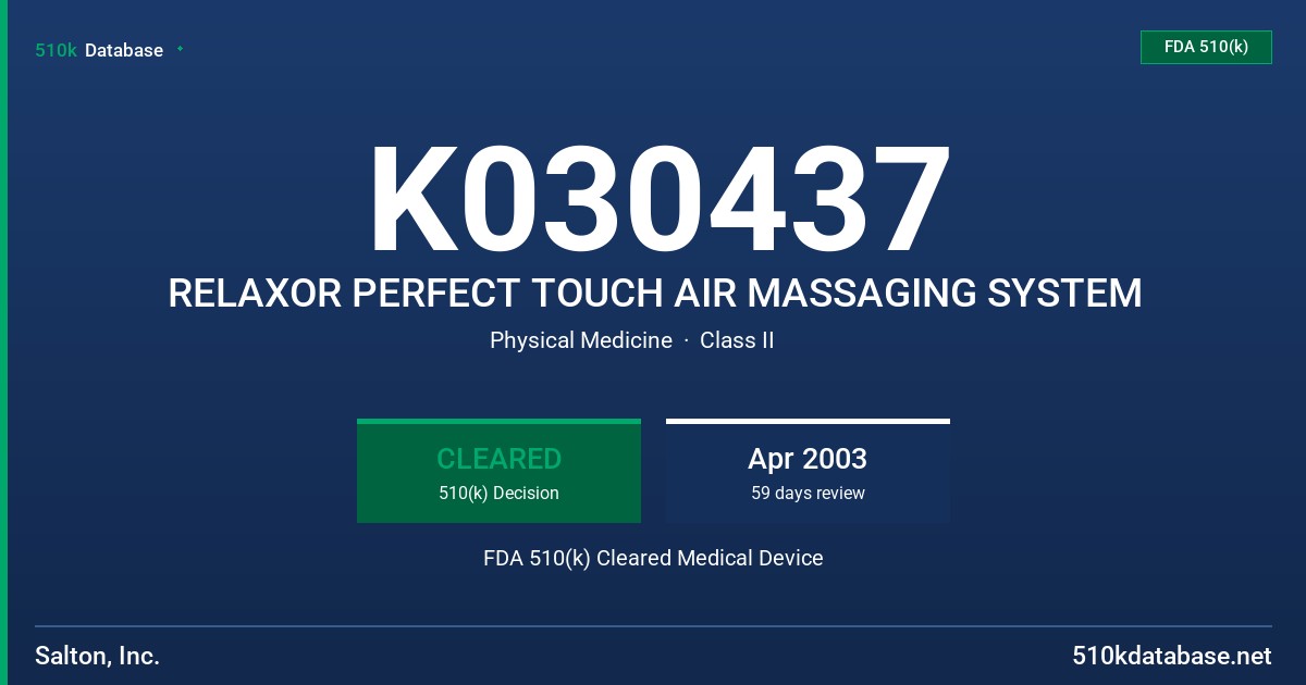 K030437 RELAXOR PERFECT TOUCH AIR MASSAGING SYSTEM FDA 510(k) Cleared Medical Device