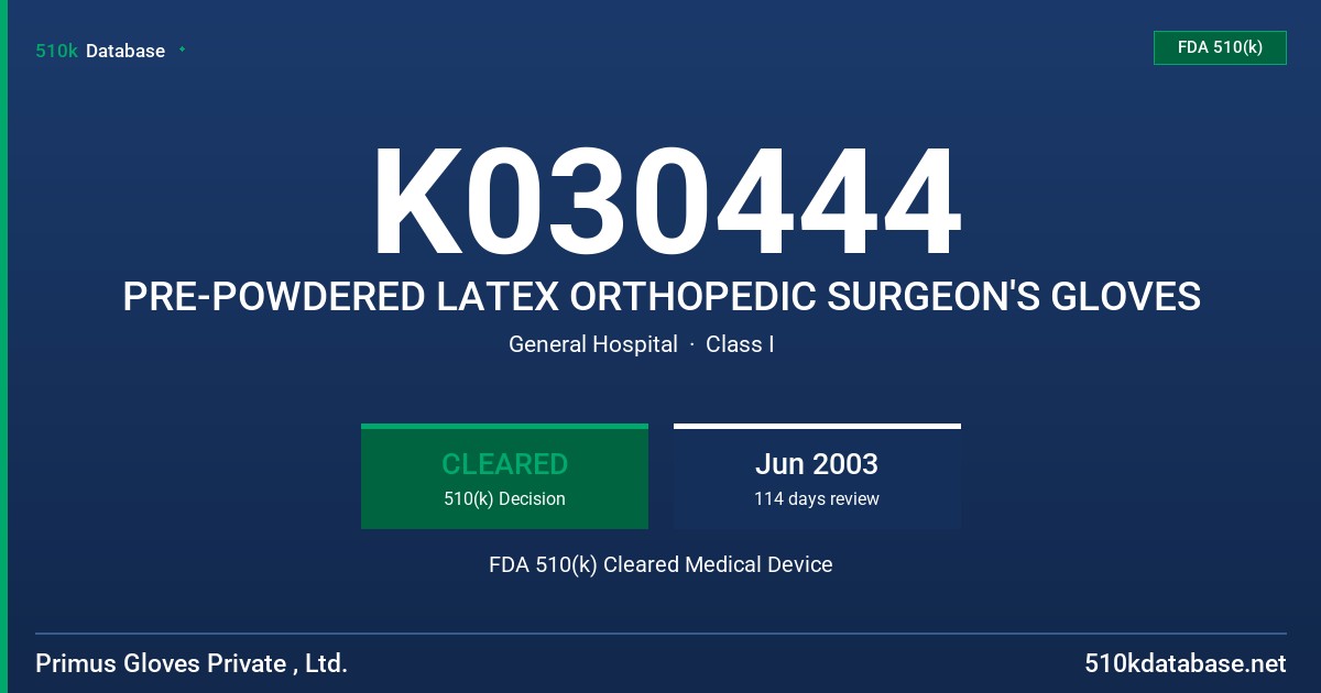 K030444 PRE-POWDERED LATEX ORTHOPEDIC SURGEON'S GLOVES FDA 510(k) Cleared Medical Device