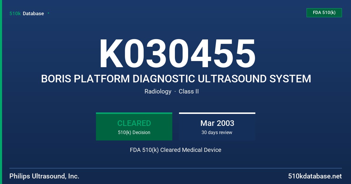 K030455 BORIS PLATFORM DIAGNOSTIC ULTRASOUND SYSTEM FDA 510(k) Cleared Medical Device