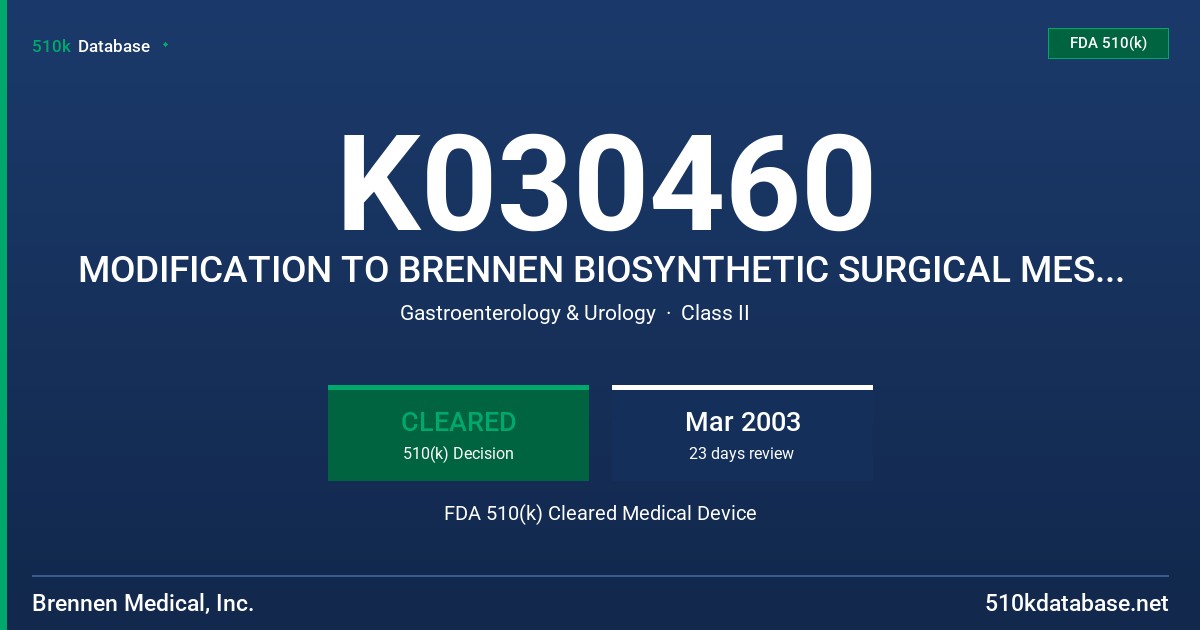 K030460 MODIFICATION TO BRENNEN BIOSYNTHETIC SURGICAL MESH MATRIX FDA 510(k) Cleared Medical Device
