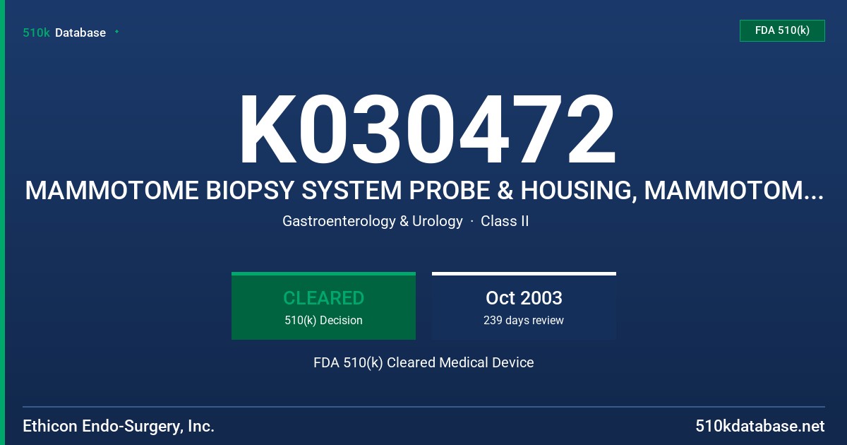 K030472 MAMMOTOME BIOPSY SYSTEM PROBE & HOUSING, MAMMOTOME HAND-HELD SYSTEM FDA 510(k) Cleared Medical Device
