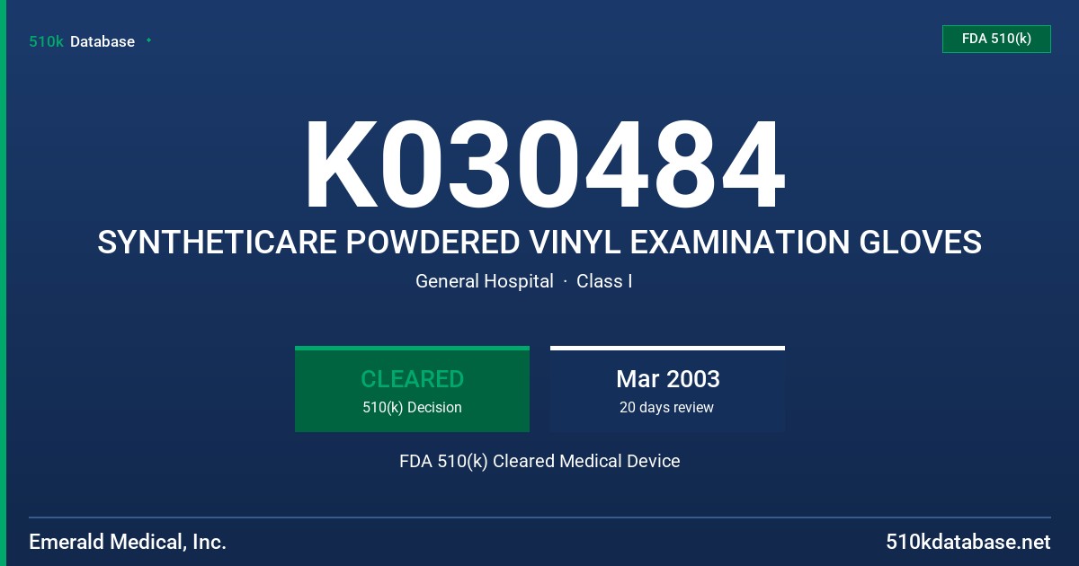 K030484 SYNTHETICARE POWDERED VINYL EXAMINATION GLOVES FDA 510(k) Cleared Medical Device