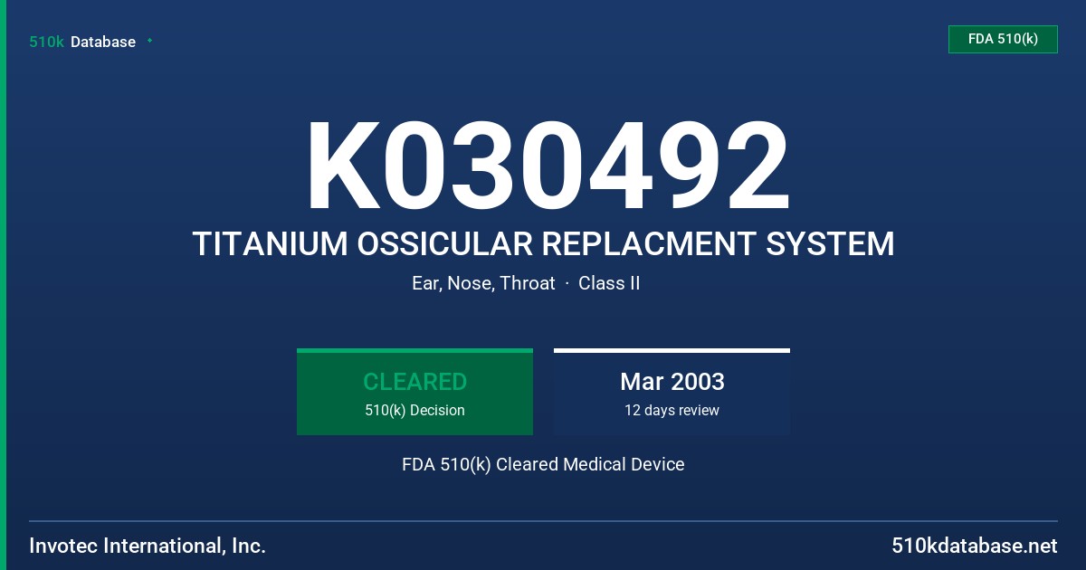 K030492 TITANIUM OSSICULAR REPLACMENT SYSTEM FDA 510(k) Cleared Medical Device