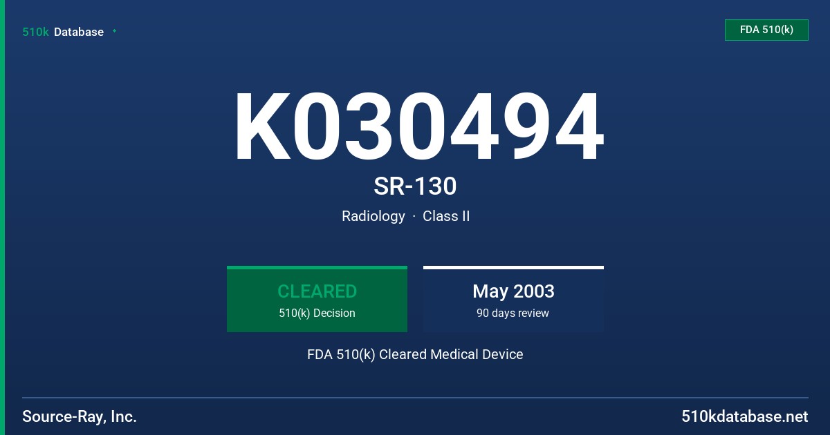 K030494 SR-130 FDA 510(k) Cleared Medical Device
