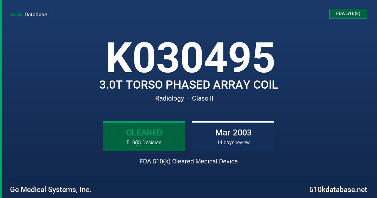 K030495 3.0T TORSO PHASED ARRAY COIL FDA 510(k) Cleared Medical Device