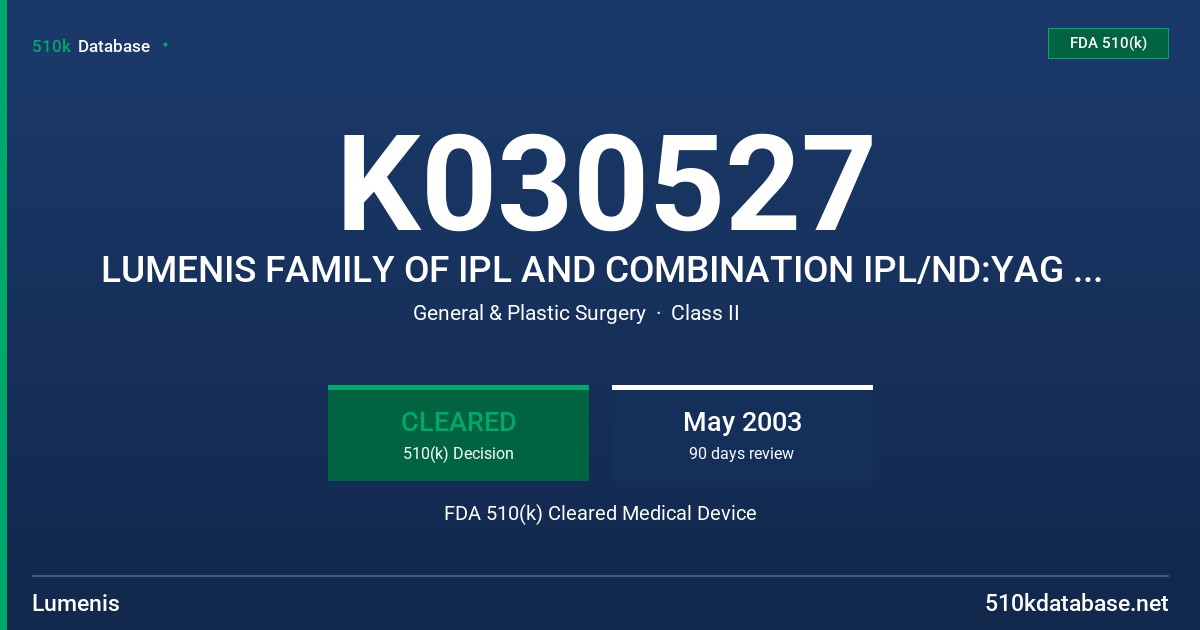 K030527 LUMENIS FAMILY OF IPL AND COMBINATION IPL/ND:YAG SYSTEMS FDA 510(k) Cleared Medical Device